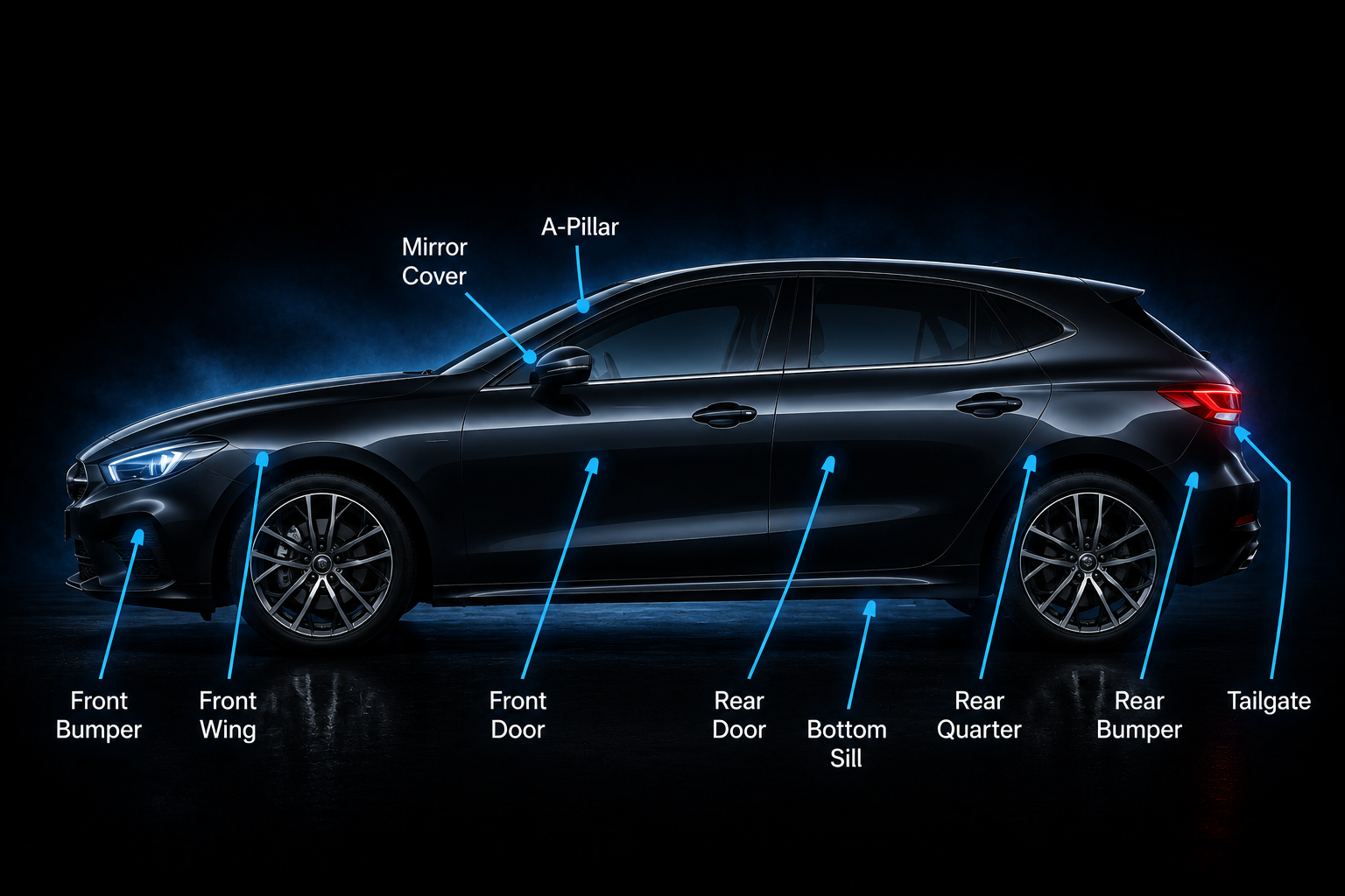 Car diagram showing body panels: Front Bumper, Front Wing, Mirror Cover, A-Pillar, Front Door, Rear Door, Bottom Sill, Rear Quarter, Rear Bumper, Tailgate